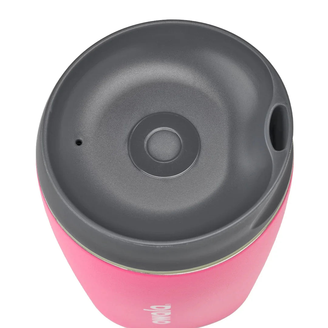 Owala smoothsip insulated stainless steel coffee cup pink base top down view with dark lid on
