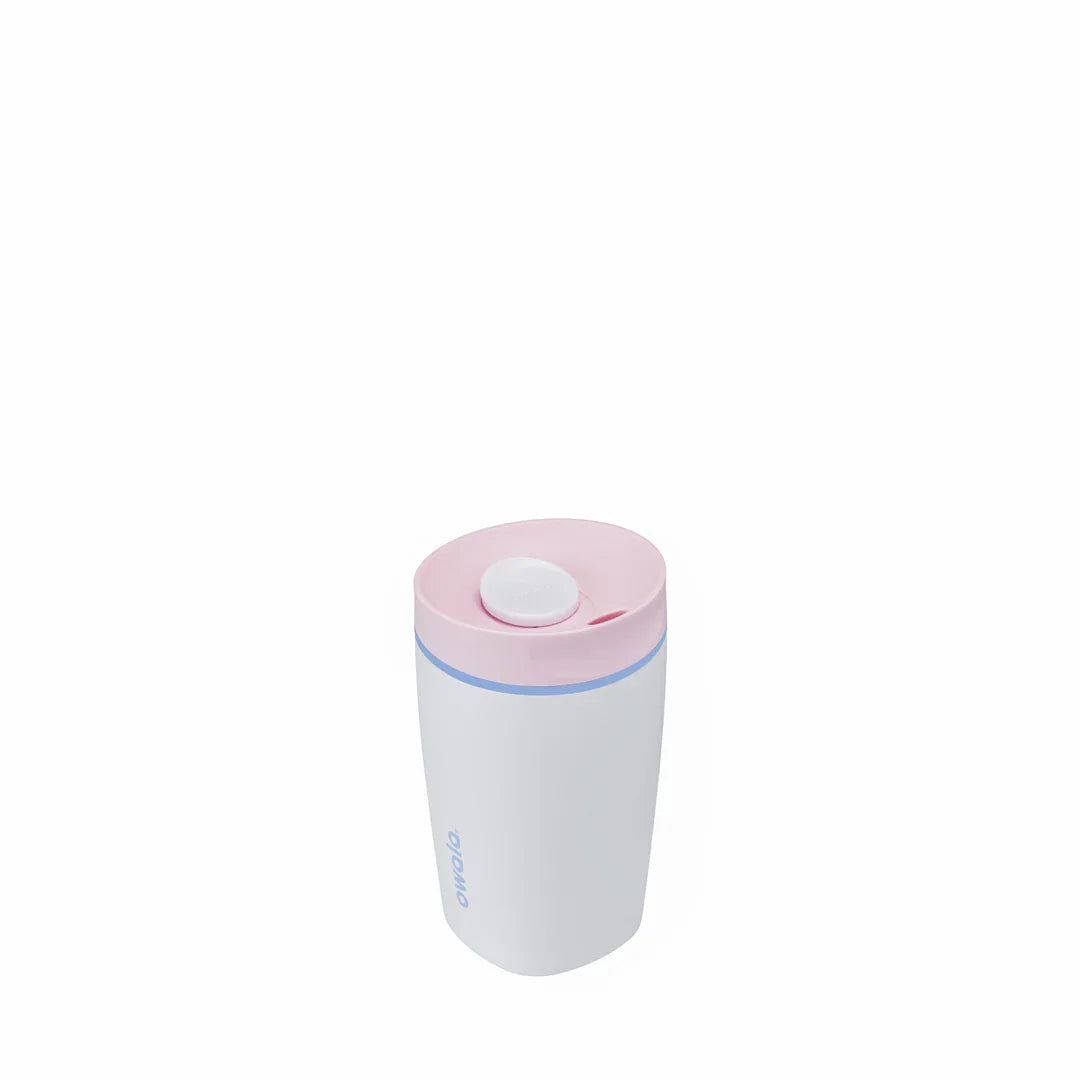 Owala smoothsip slider insulated stainless steel coffee cup 355ml blush pink base with light pink lid high view