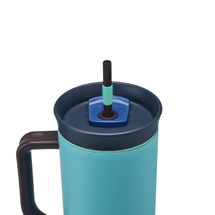 Owala stainless steel insulated tumbler with handle and straw 1185ml bright blue base with dark lid close up shot