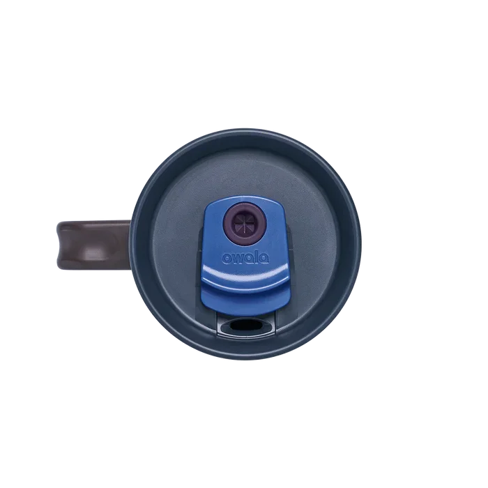 Owala stainless steel insulated tumbler with handle and straw 1185ml bright blue base with dark lid top down view