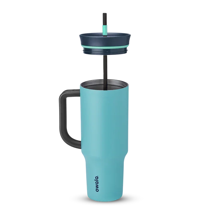 Owala stainless steel insulated tumbler with handle and straw 1185ml bright blue base with dark lid half off