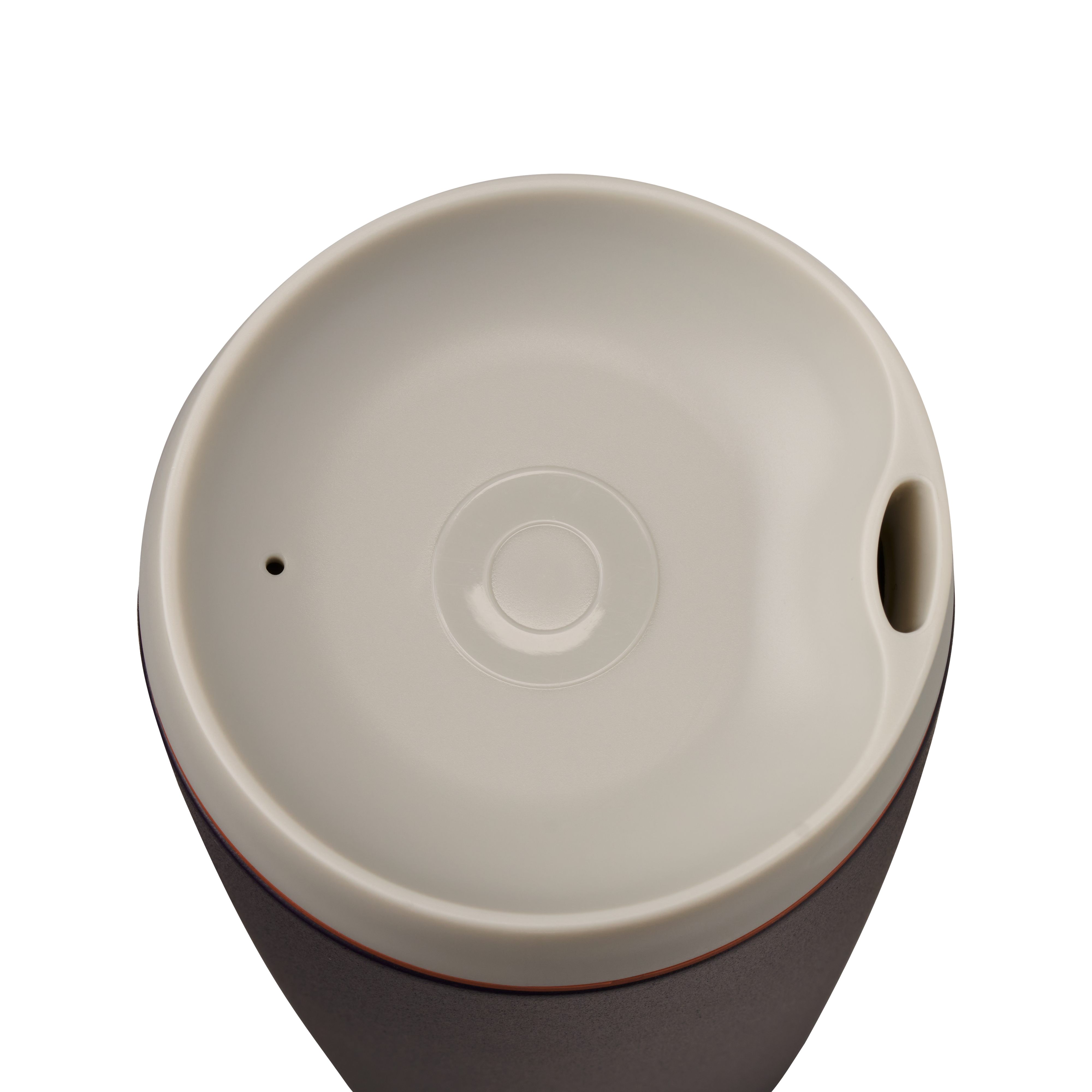 Owala smoothsip insulated stainless steel coffee cup dark base top down view with light lid on