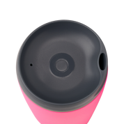 Owala smoothsip insulated stainless steel coffee cup pink base top down view with dark lid on