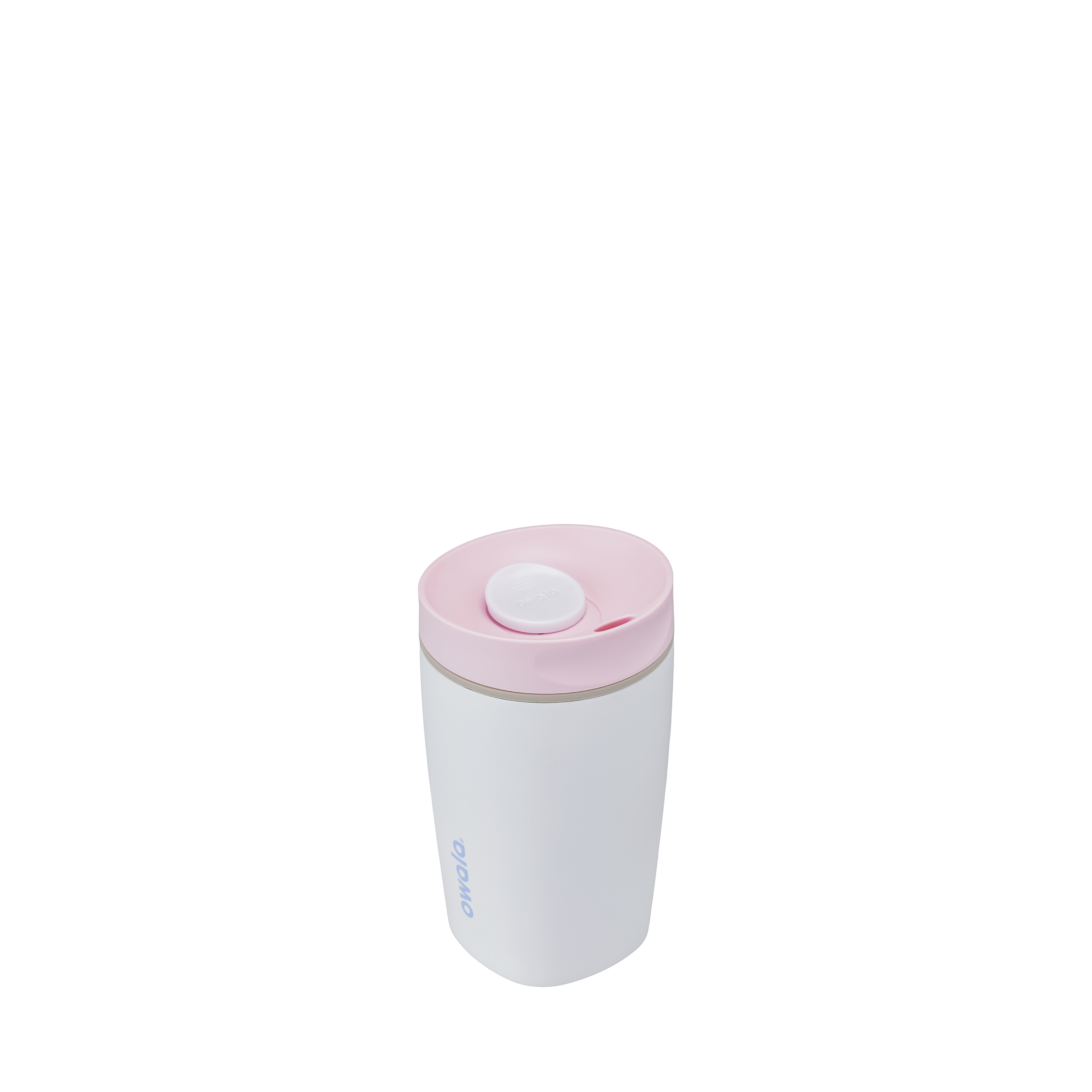 Owala smoothsip slider insulated stainless steel coffee cup 355ml blush pink base with light pink lid high view 