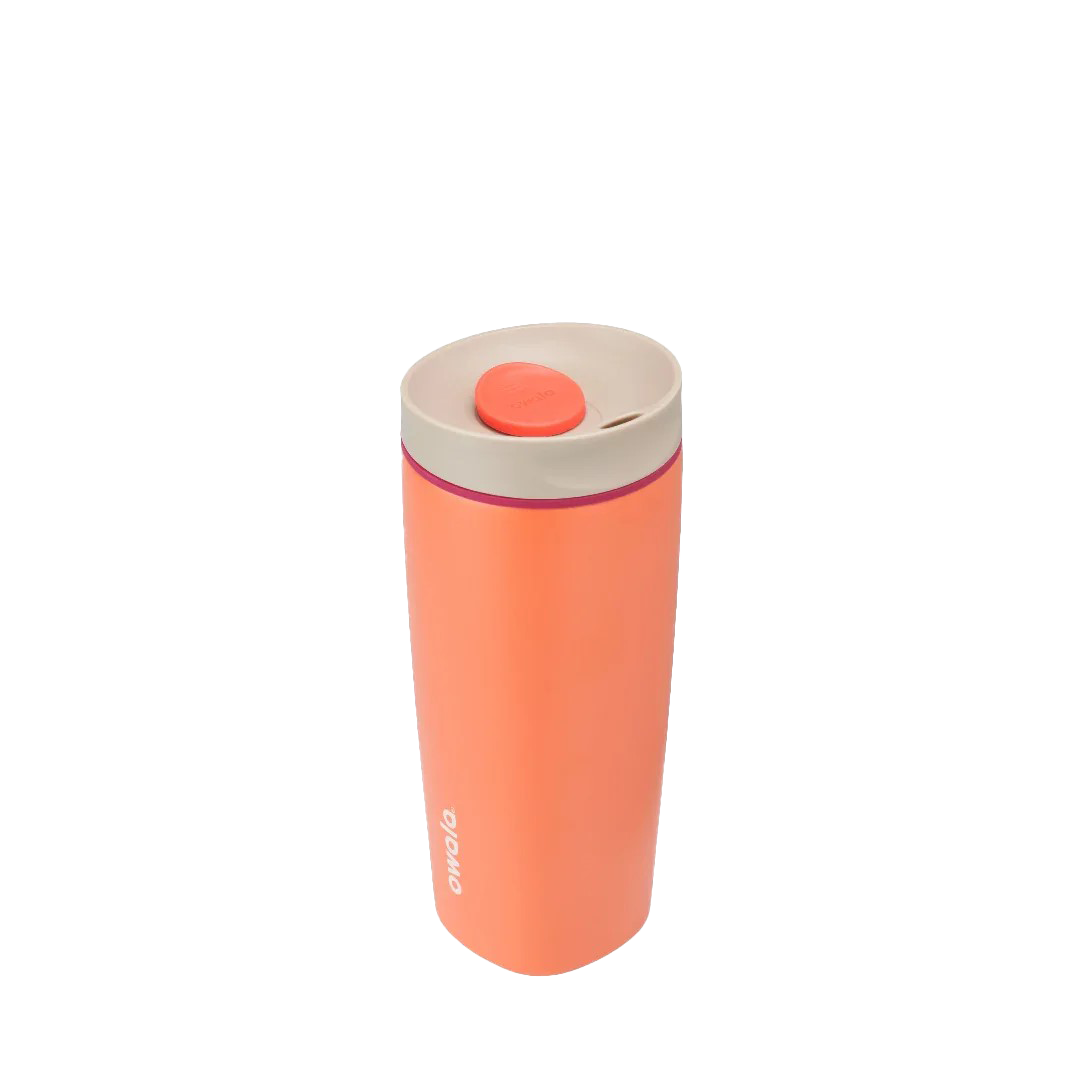 Owala smoothsip slider insulated stainless steel coffee cup 590ml orange  base with light lid high view