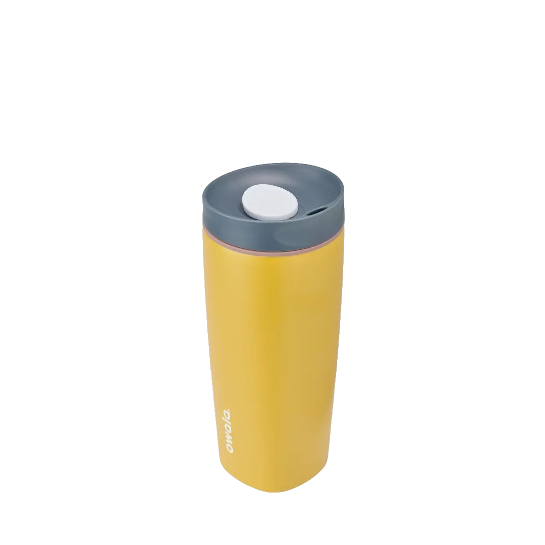 Owala smoothsip slider insulated stainless steel coffee cup 590ml yellow base with dark lid high view
