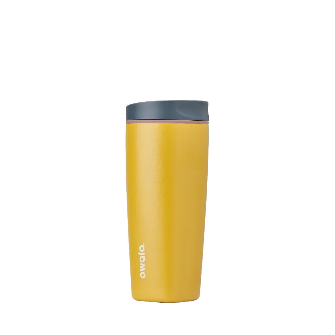 Owala smoothsip slider insulated stainless steel coffee cup 590ml yellow base with dark lid
