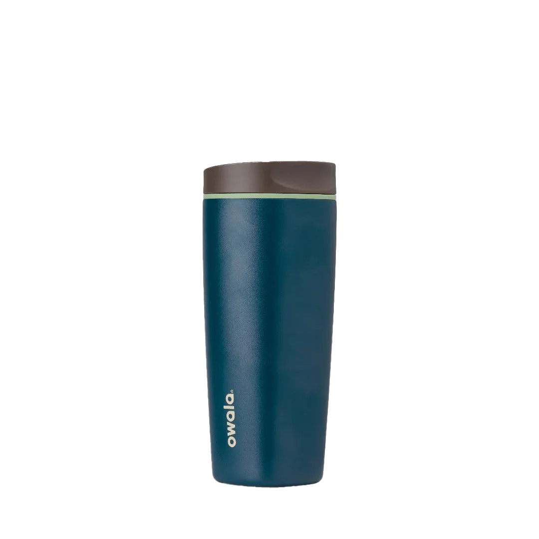 Owala smoothsip slider insulated stainless steel coffee cup 590ml blue base with dark lid