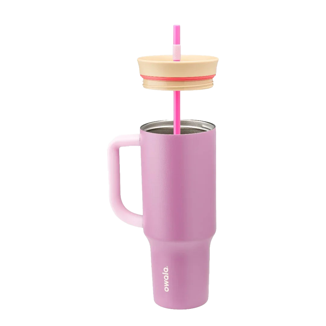 Owala stainless steel insulated tumbler with handle and straw 1185ml pink base with light lid half off