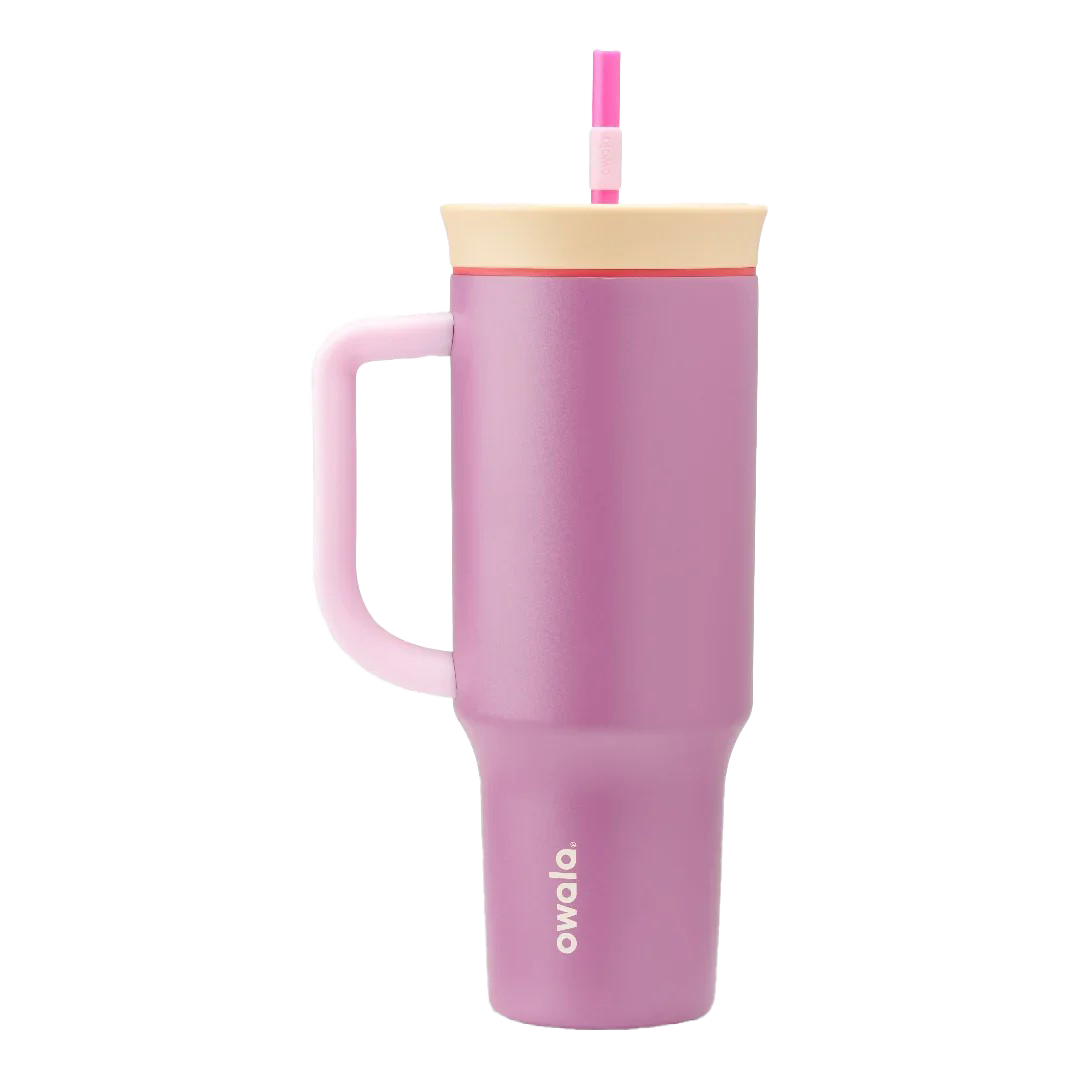 Owala stainless steel insulated tumbler with handle and straw 1185ml pink base with light lid
