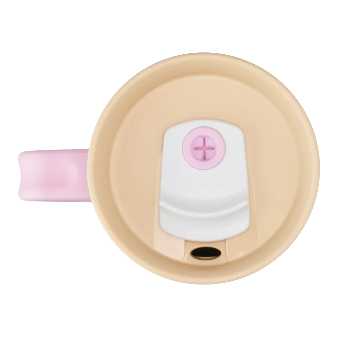 Owala stainless steel insulated tumbler with handle and straw 1185ml pink base with light lid top down view