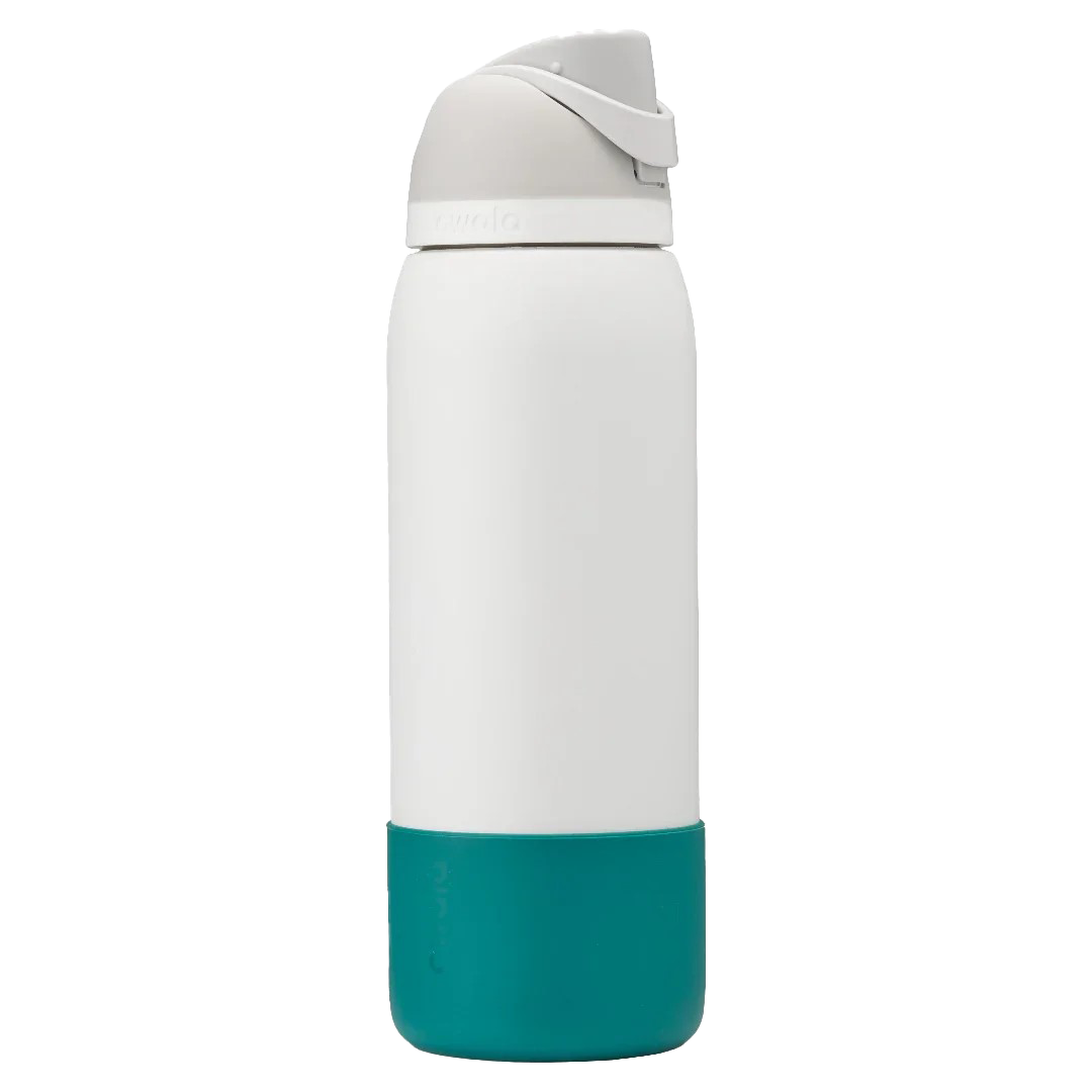 Owala teal silicone bottle boot on white freesip bottle