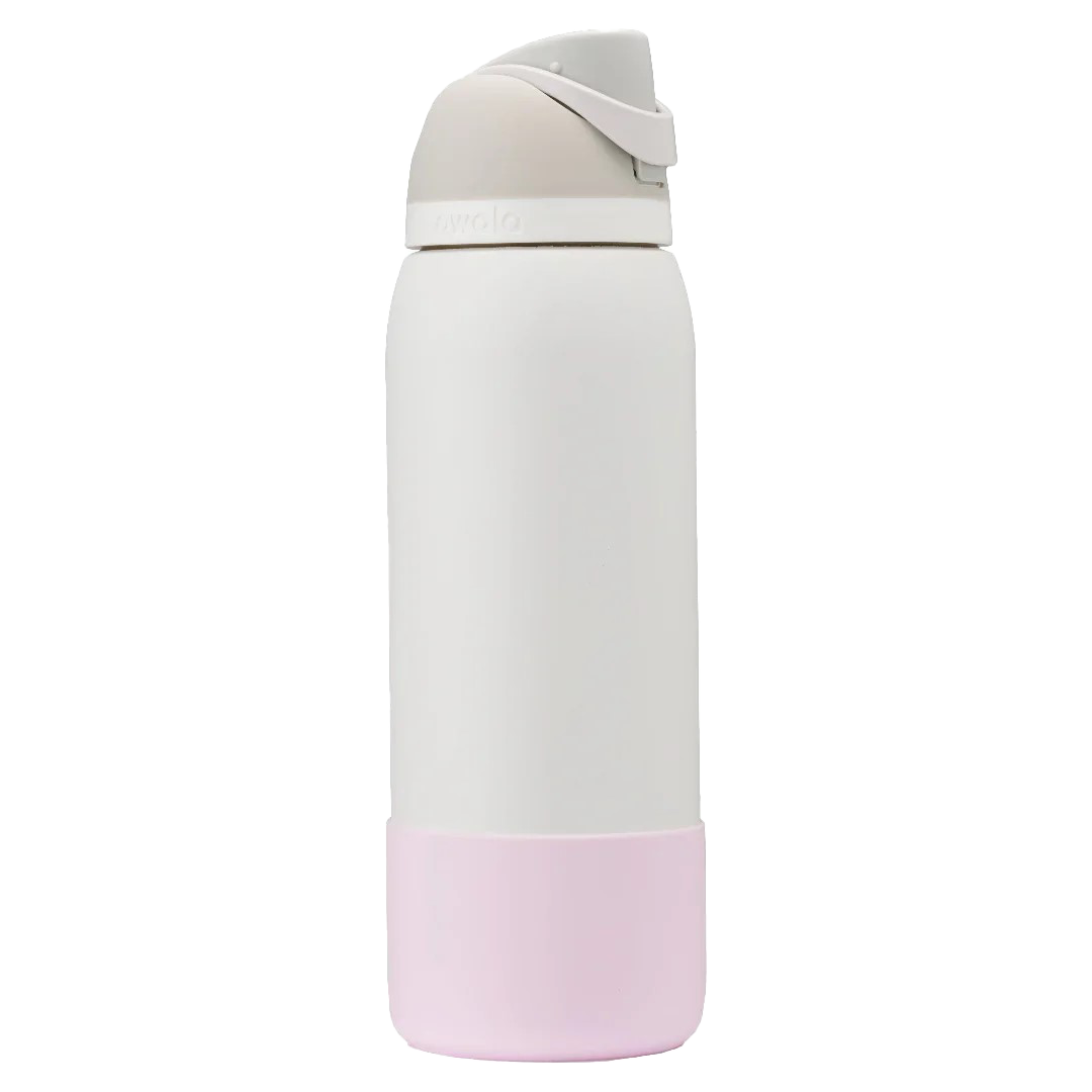 Owala pink silicone bottle boot on white freesip bottle