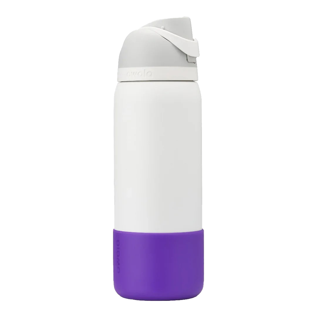 Owala purple silicone bottle boot on white freesip bottle