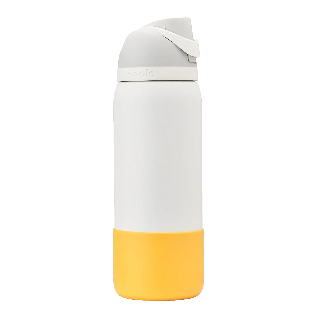 Owala yellow silicone bottle boot on white freesip bottle