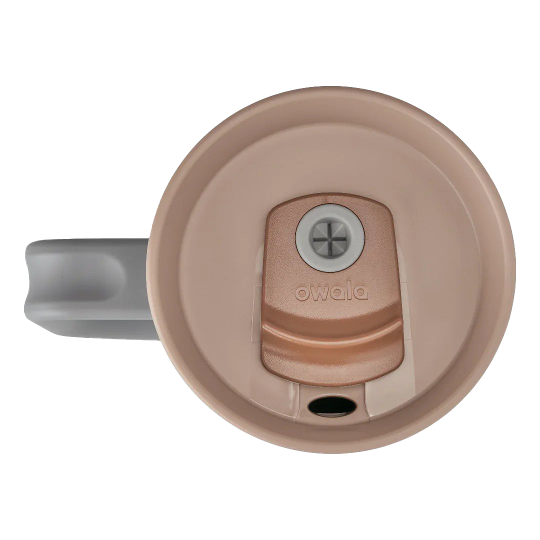 Owala stainless steel insulated tumbler with handle and straw 1185ml light base with beige lid top down view