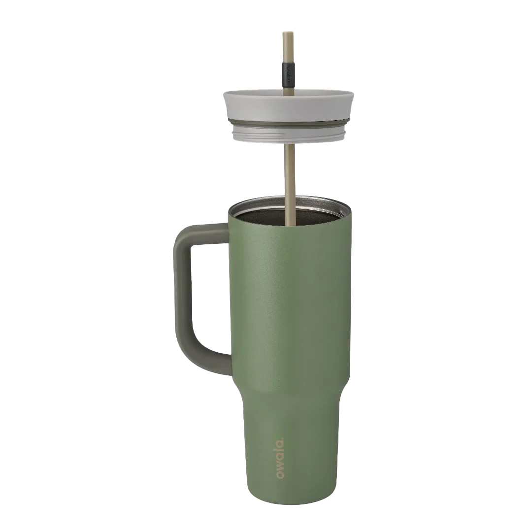 Owala stainless steel insulated tumbler with handle and straw 1185ml dark green base with light lid half off