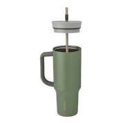 Owala stainless steel insulated tumbler with handle and straw 1185ml dark green base with light lid half off