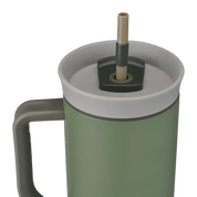 Owala stainless steel insulated tumbler with handle and straw 1185ml dark green base with light lid close up shot