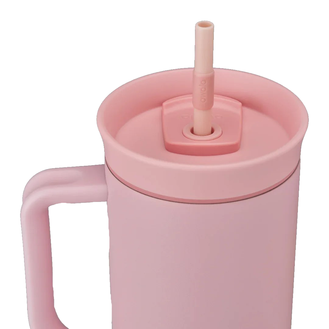Owala stainless steel insulated tumbler with handle and straw 1185ml blush pink base with blush pink lid close up shot
