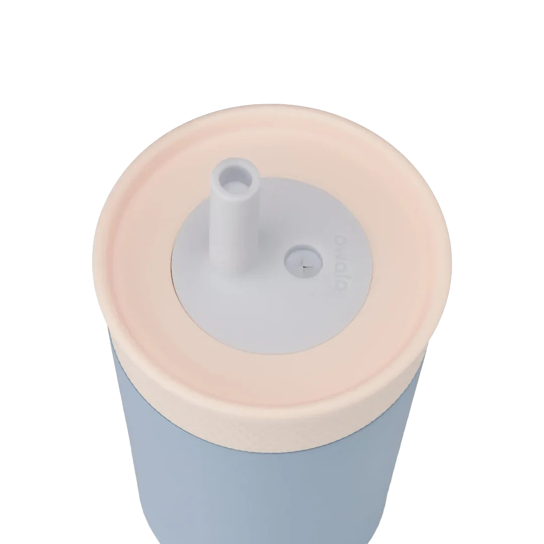 Owala kids stainless steel tumbler with silicone straw 355ml light blue base with light lid top down view