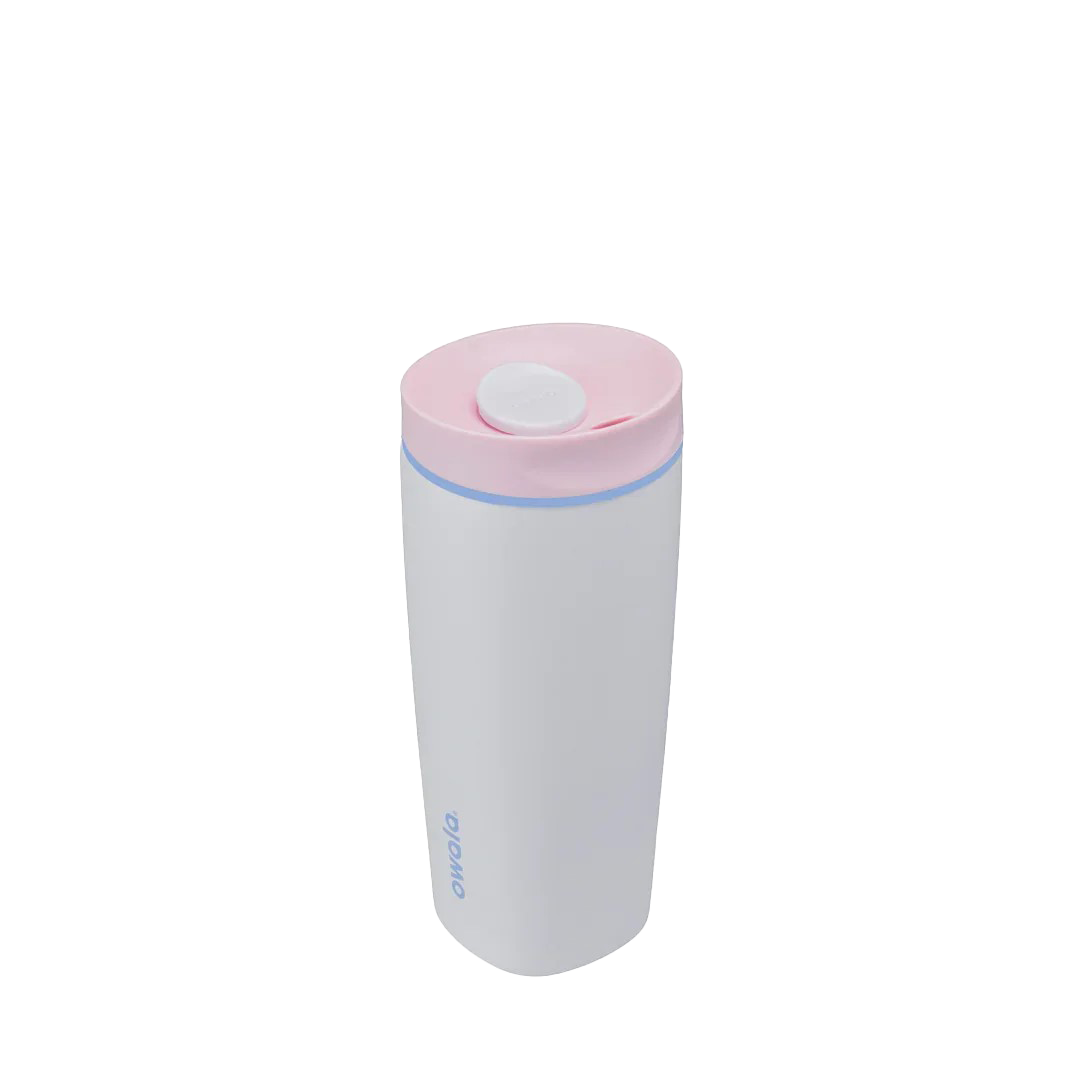 Owala smoothsip slider insulated stainless steel coffee cup 590ml blush pink base with light pink lid high view 